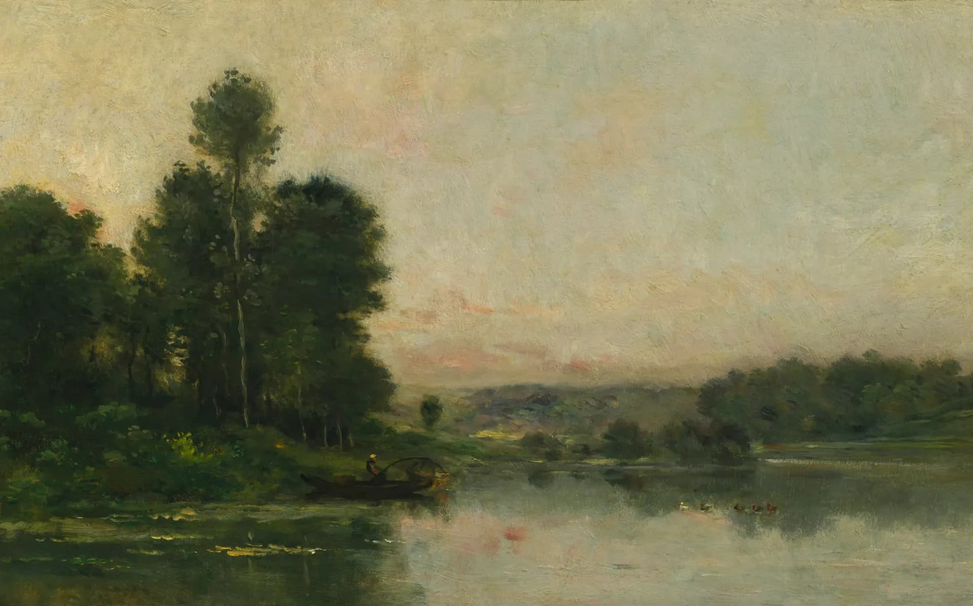 a painting for a person fishing in a lake surrounded by green hills and trees